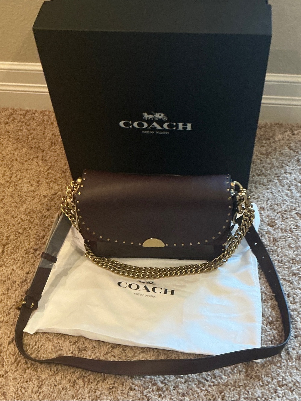 ✨COACH® | Burgundy Leather Double Flap Crossbody with Leather & Gold Chain